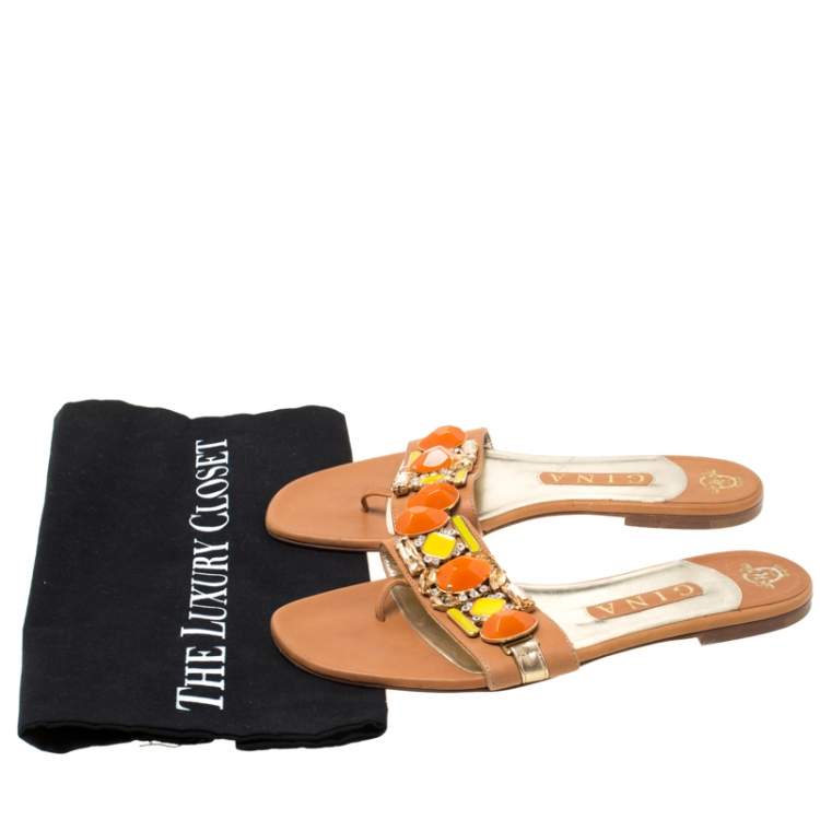 Pre Owned Gina Brown Leather Crystal Embellished Flat Slides Size 39