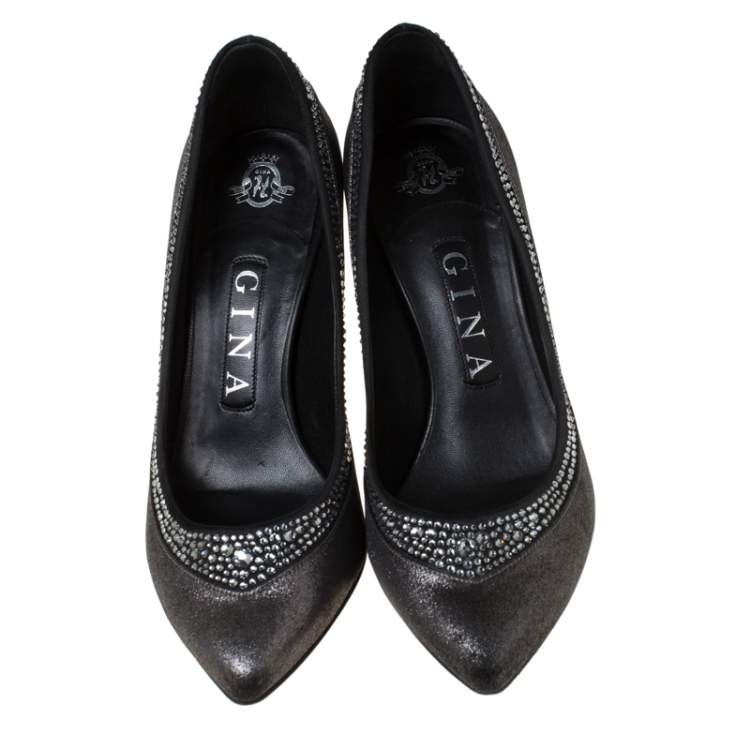 Pre Owned Gina Crystal Embellished Textured Fabric Pointed Toe Pumps Size 37