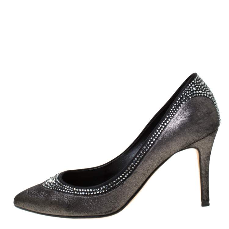 Pre Owned Gina Crystal Embellished Textured Fabric Pointed Toe Pumps Size 37
