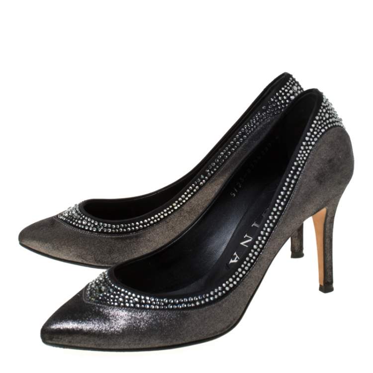 Pre Owned Gina Crystal Embellished Textured Fabric Pointed Toe Pumps Size 37