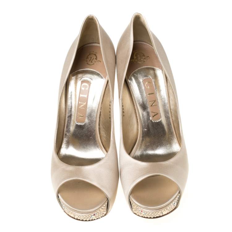 Gina Beige Satin Jenna Crystal Embellished Heel Peep Toe Platform Pumps ...