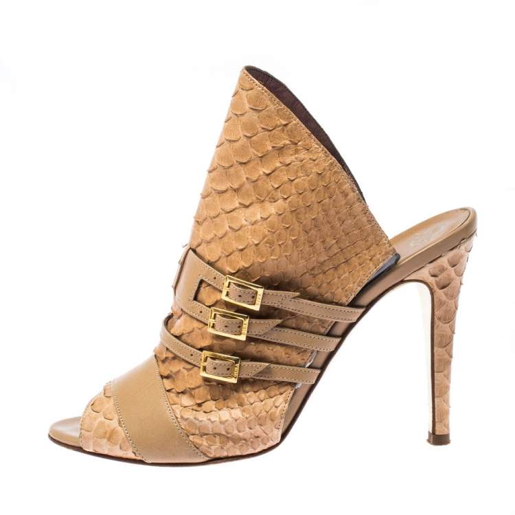 Pre Owned Gina Brown Python and Leather Buckle Detail Peep Toe Mules Size 38