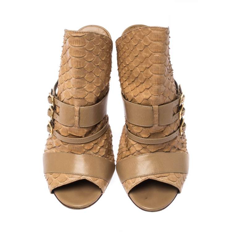 Pre Owned Gina Brown Python and Leather Buckle Detail Peep Toe Mules Size 38