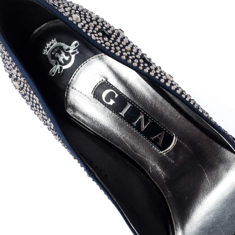 Pre Owned Gina Blue Satin Crystal Embellished Peep Toe Platform Pumps Size 40