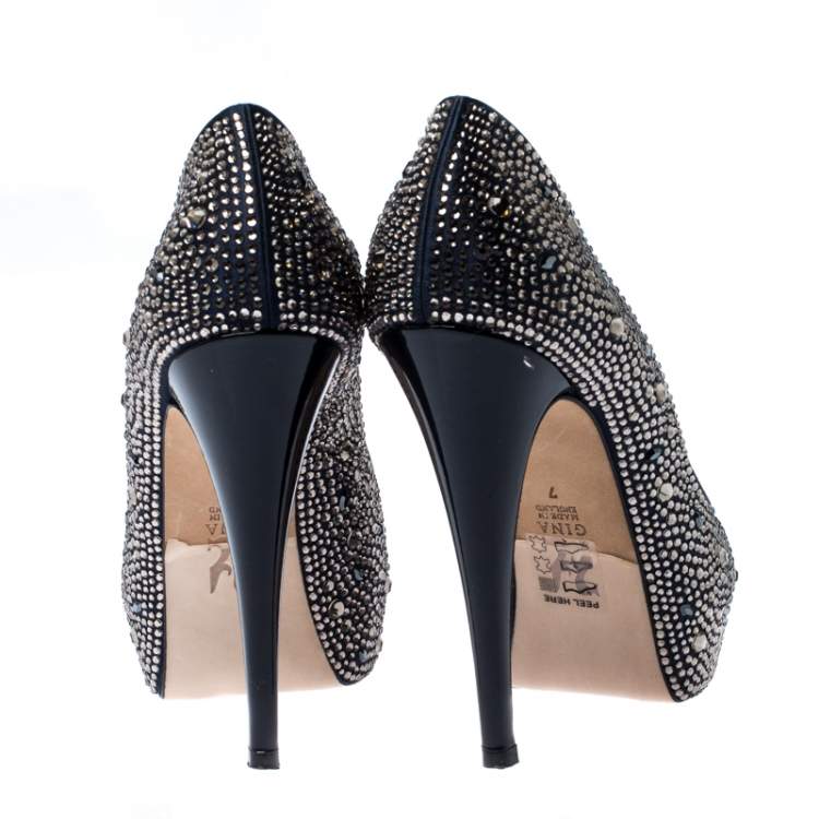 Pre Owned Gina Blue Satin Crystal Embellished Peep Toe Platform Pumps Size 40