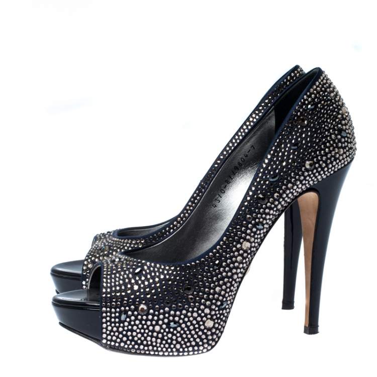 Pre Owned Gina Blue Satin Crystal Embellished Peep Toe Platform Pumps Size 40