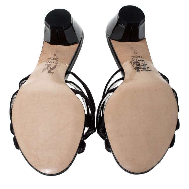 Pre Owned Gina Black Satin Strappy Open Toe Sandals Size 41