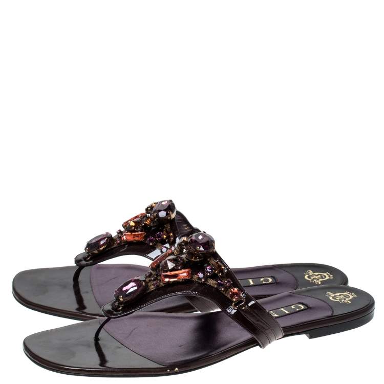 Pre Owned Gina Burgundy Patent Leather Embellished Thong Flat Sandals Size 41