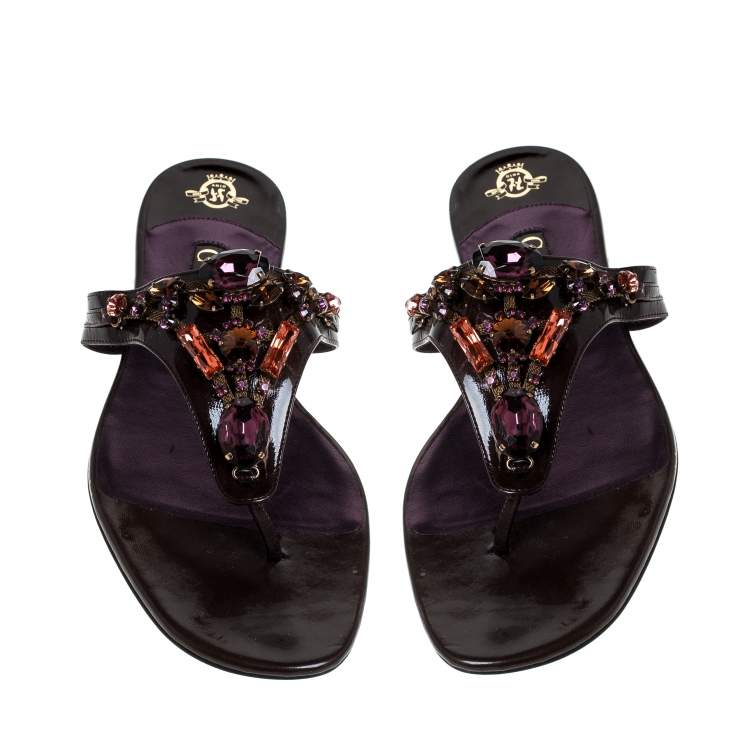 Pre Owned Gina Burgundy Patent Leather Embellished Thong Flat Sandals Size 41