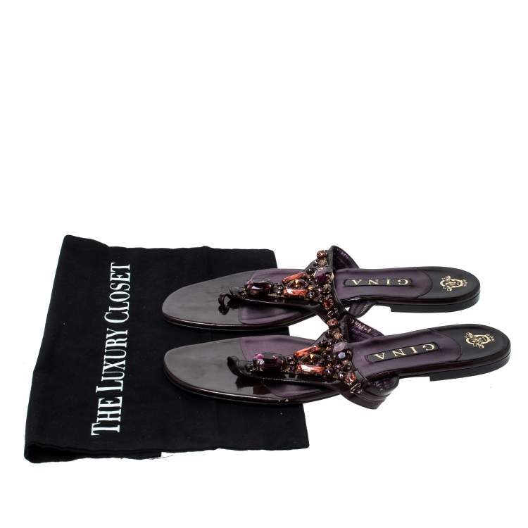 Pre Owned Gina Burgundy Patent Leather Embellished Thong Flat Sandals Size 41
