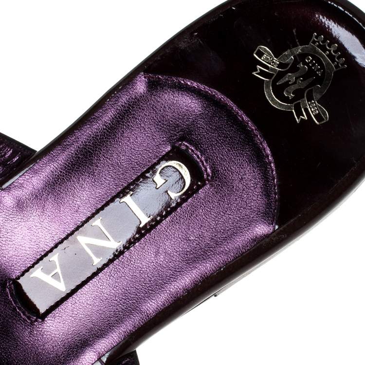 Pre Owned Gina Burgundy Patent Leather Embellished Thong Flat Sandals Size 41