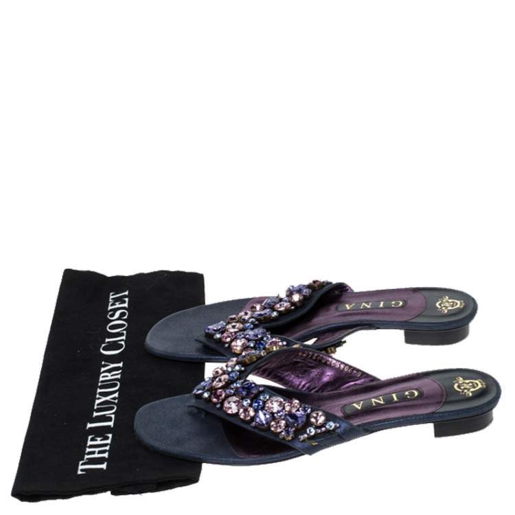 Pre Owned Gina Metallic Blue Nubuck Crystal Emebllished Thong Flat Sandals Size 41
