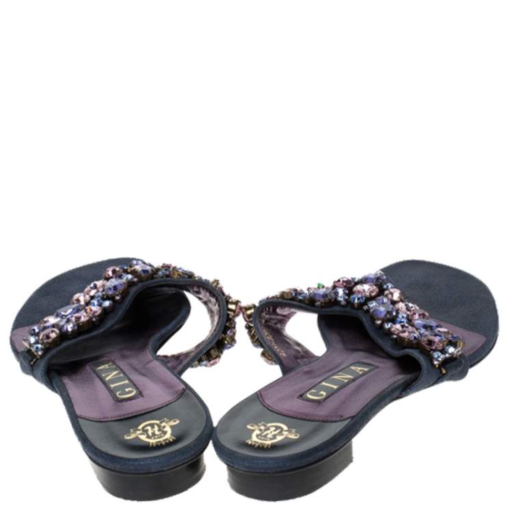 Pre Owned Gina Metallic Blue Nubuck Crystal Emebllished Thong Flat Sandals Size 41