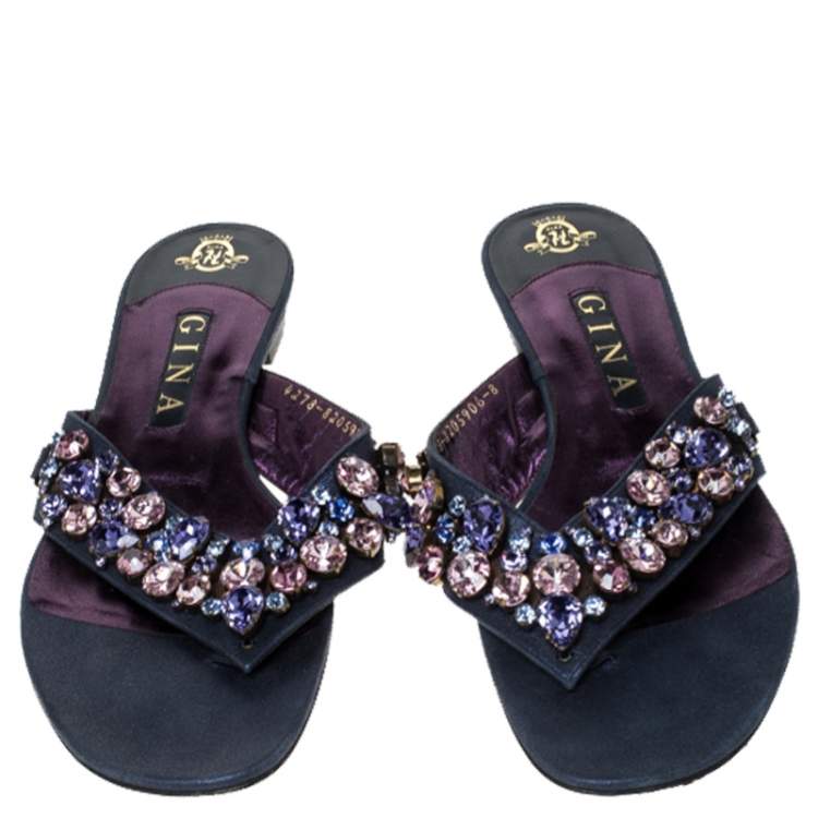 Pre Owned Gina Metallic Blue Nubuck Crystal Emebllished Thong Flat Sandals Size 41