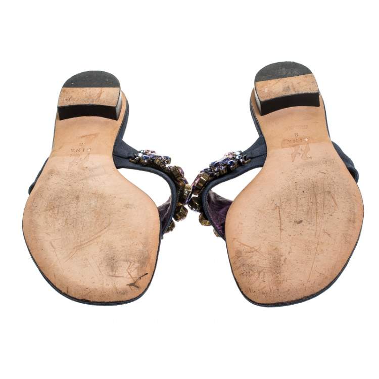 Pre Owned Gina Metallic Blue Nubuck Crystal Emebllished Thong Flat Sandals Size 41