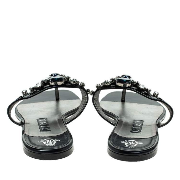 مملوكة مسبقًا Gina Black Patent Leather Embellished Thong Flat Sandals Size 41.5