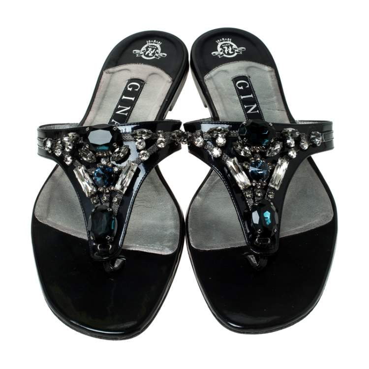 مملوكة مسبقًا Gina Black Patent Leather Embellished Thong Flat Sandals Size 41.5
