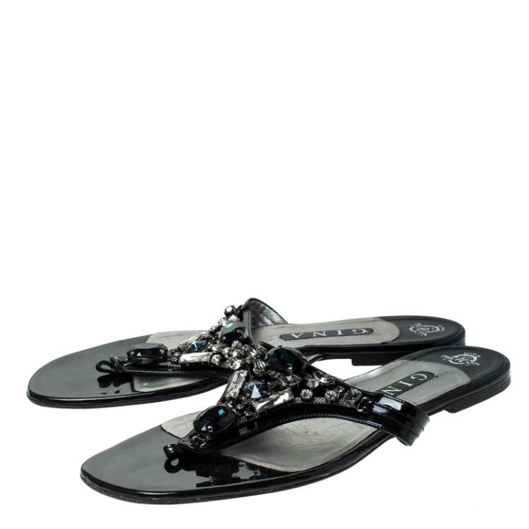 مملوكة مسبقًا Gina Black Patent Leather Embellished Thong Flat Sandals Size 41.5