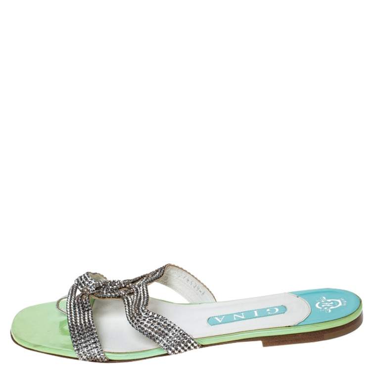 مملوكة مسبقًا Gina Metallic Silver Leather Crystal Embellished Flat Slides Size 41