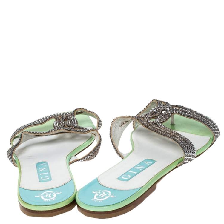 مملوكة مسبقًا Gina Metallic Silver Leather Crystal Embellished Flat Slides Size 41