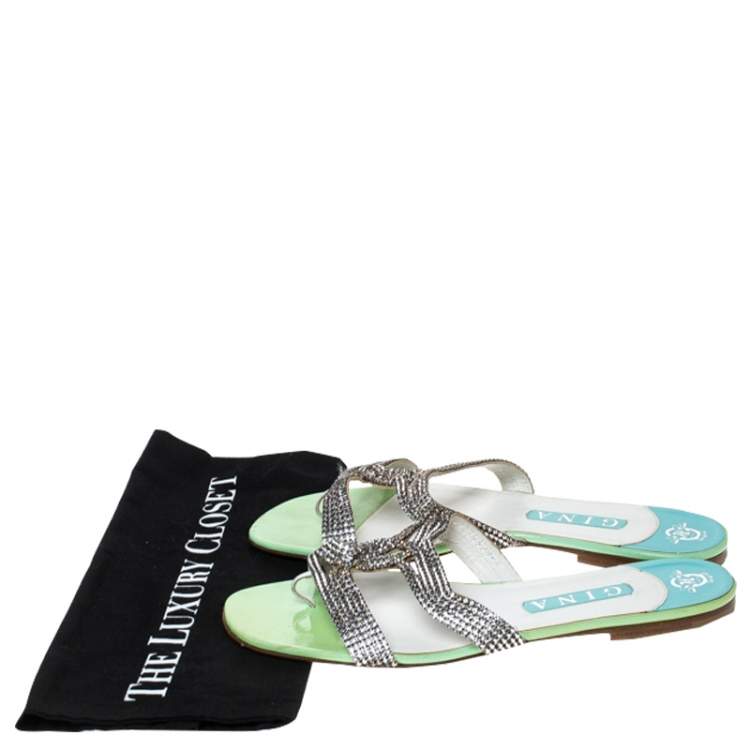 مملوكة مسبقًا Gina Metallic Silver Leather Crystal Embellished Flat Slides Size 41