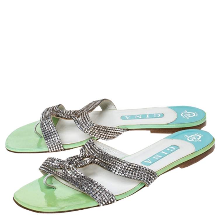 مملوكة مسبقًا Gina Metallic Silver Leather Crystal Embellished Flat Slides Size 41