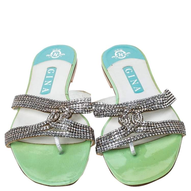 مملوكة مسبقًا Gina Metallic Silver Leather Crystal Embellished Flat Slides Size 41