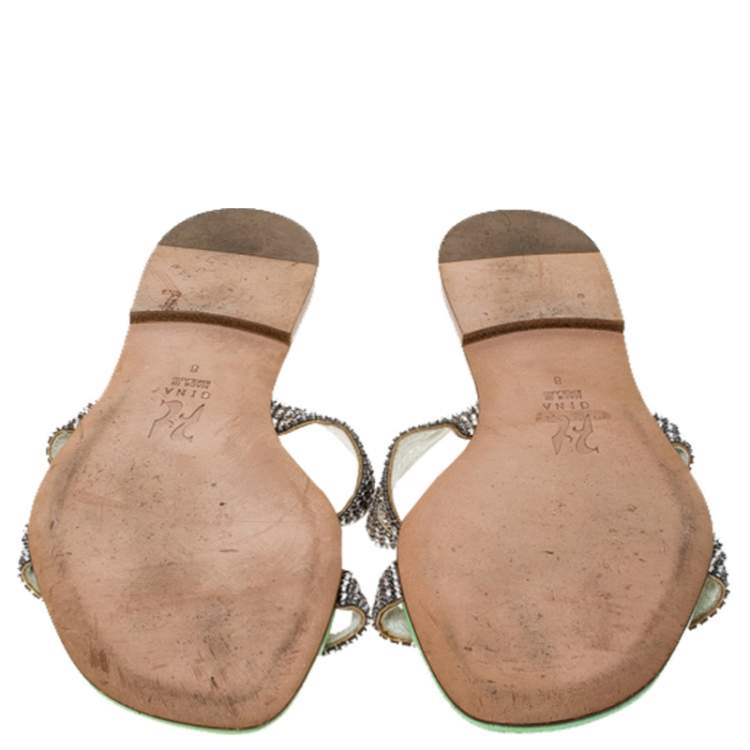 مملوكة مسبقًا Gina Metallic Silver Leather Crystal Embellished Flat Slides Size 41