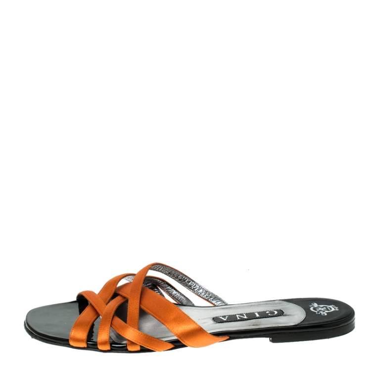 Pre Owned Gina Orange Satin Flat Slides Size 41
