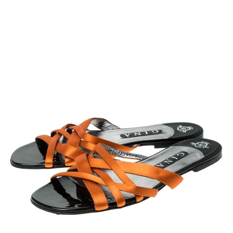 Pre Owned Gina Orange Satin Flat Slides Size 41