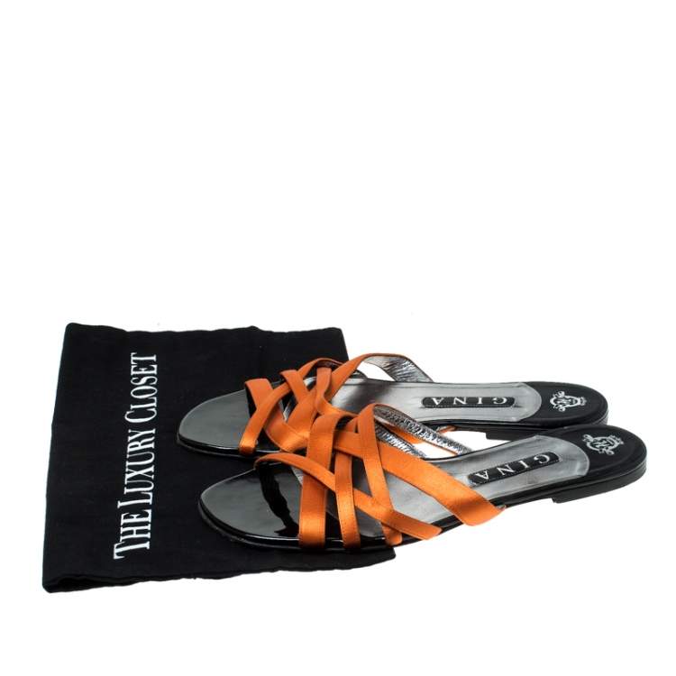 Pre Owned Gina Orange Satin Flat Slides Size 41