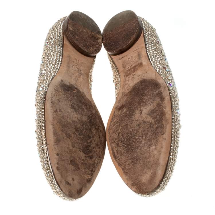 Pre Owned Gina Beige Crystal Embellished Satin Ballet Flats Size 39.5