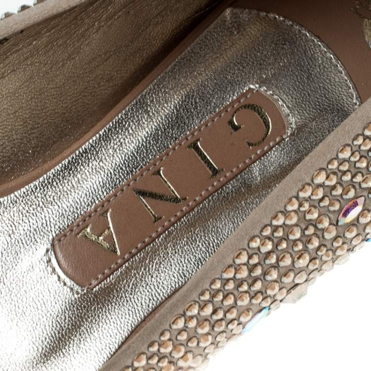 Pre Owned Gina Beige Crystal Embellished Satin Ballet Flats Size 39.5