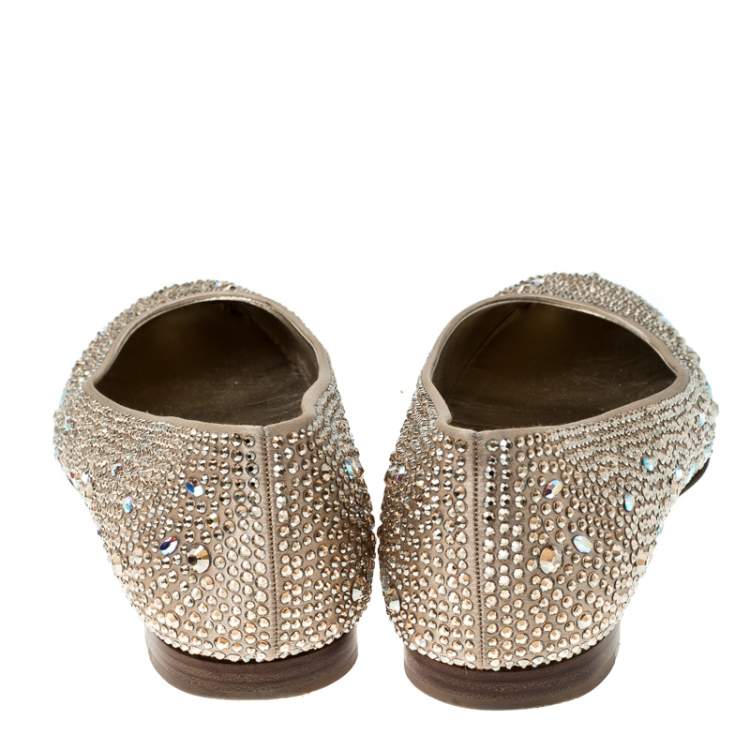 Pre Owned Gina Beige Crystal Embellished Satin Ballet Flats Size 39.5