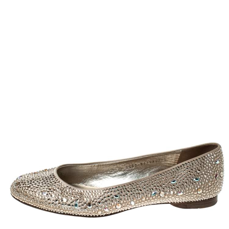 Pre Owned Gina Beige Crystal Embellished Satin Ballet Flats Size 39.5