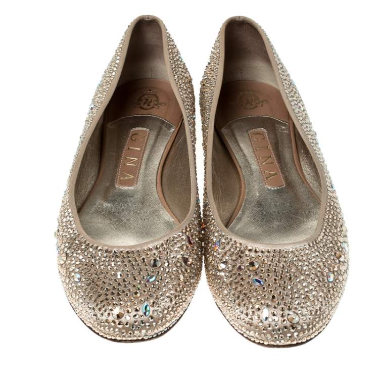 Pre Owned Gina Beige Crystal Embellished Satin Ballet Flats Size 39.5