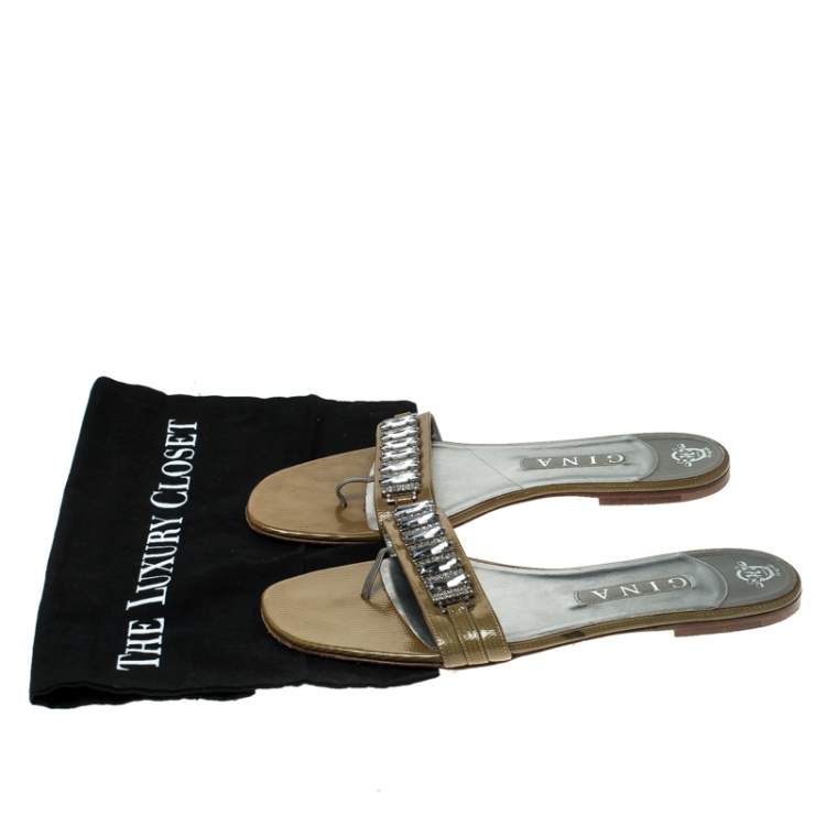 Pre Owned Gina Beige Patent Leather Crystal Embellished Slip On Flat Slides Size 41