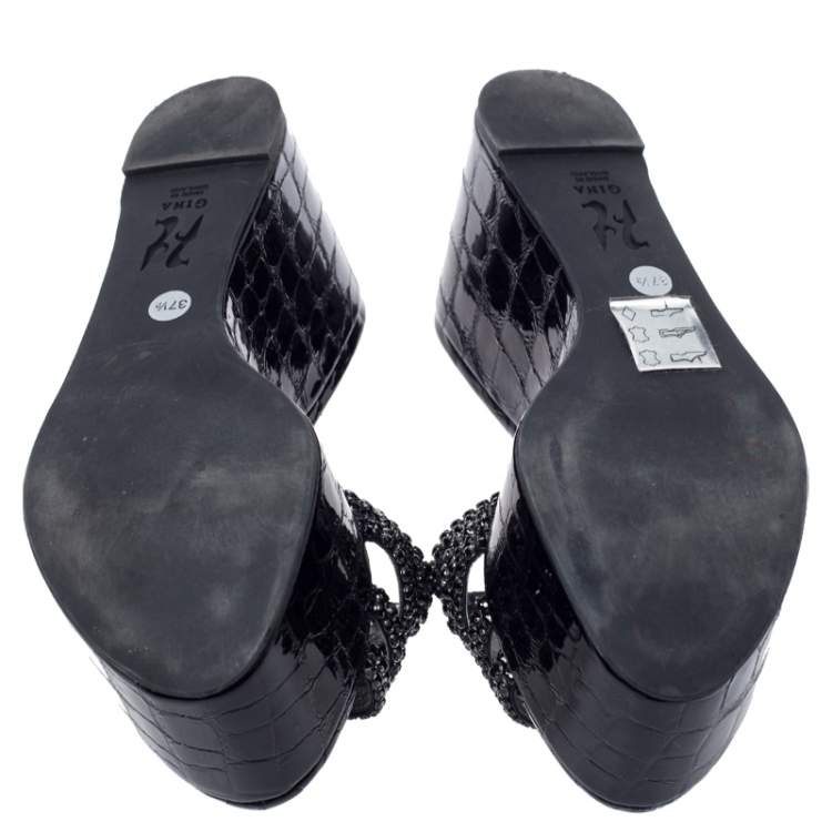 Pre Owned Gina Black Croc Embossed Leather Embellished Wedge Platform Sandals Size 37.5
