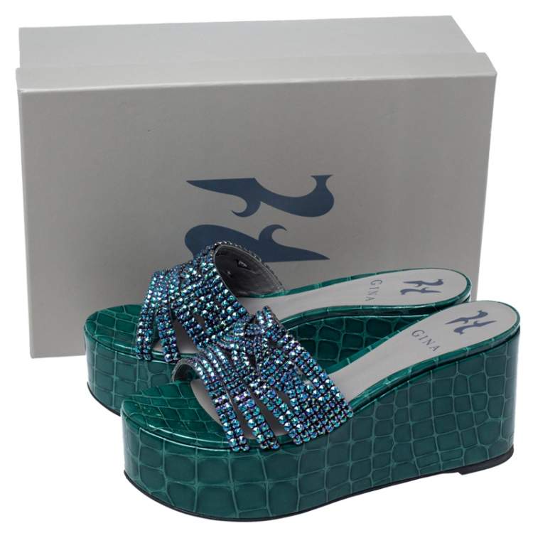 Pre Owned Gina Green Croc Embossed Leather Embellished Wedge Platform Sandals Size 37.5