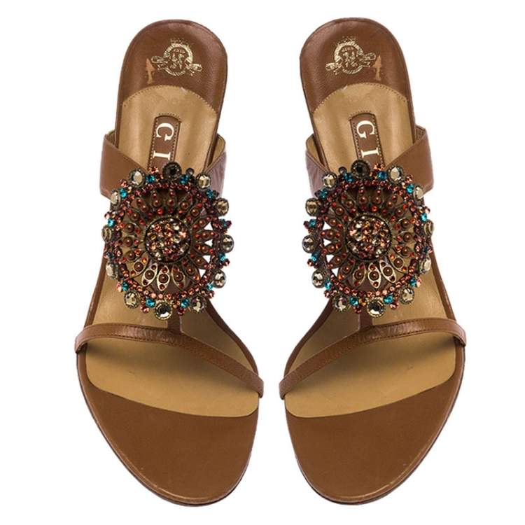Pre Owned Gina Brown Leather Embellished Strappy Sandals Size 41
