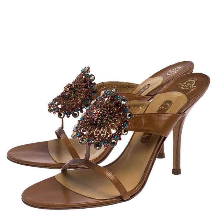 Pre Owned Gina Brown Leather Embellished Strappy Sandals Size 41