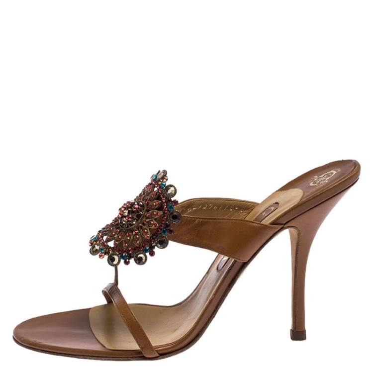Pre Owned Gina Brown Leather Embellished Strappy Sandals Size 41