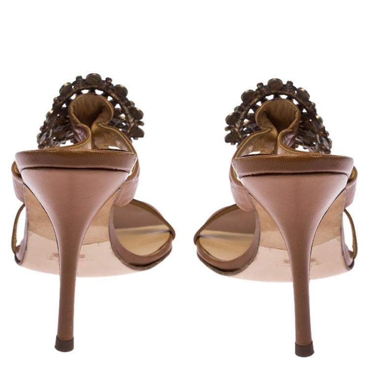 Pre Owned Gina Brown Leather Embellished Strappy Sandals Size 41