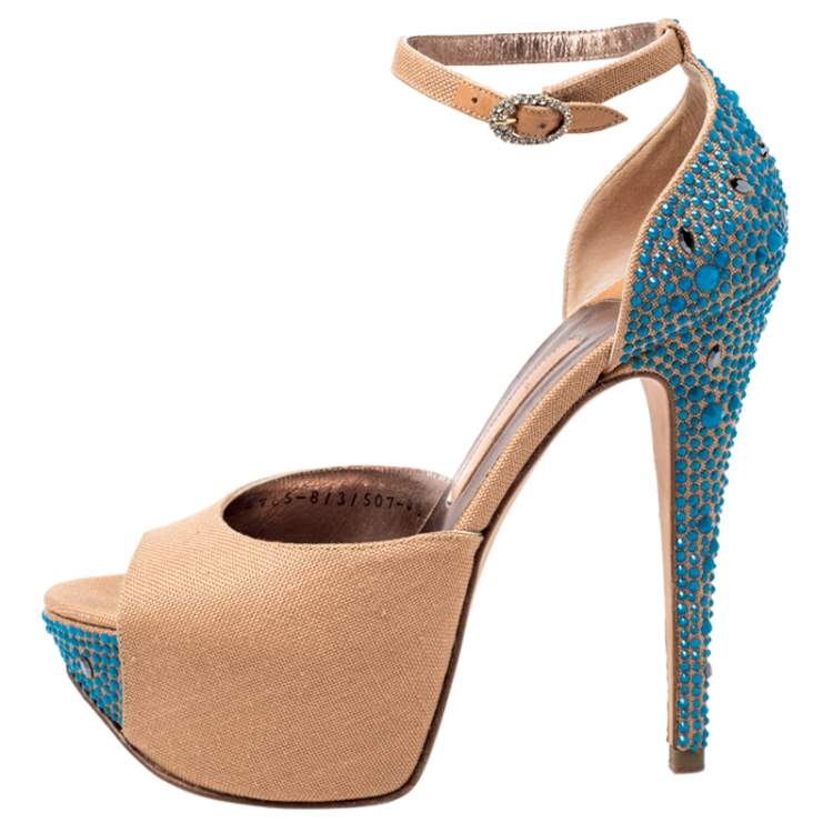 Pre Owned Gina Beige Canvas Crystal Embellished Heel Ankle Strap Platform Sandals Size 37.5