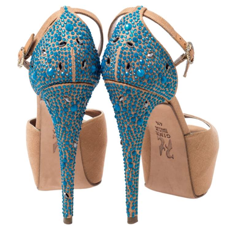 Pre Owned Gina Beige Canvas Crystal Embellished Heel Ankle Strap Platform Sandals Size 37.5