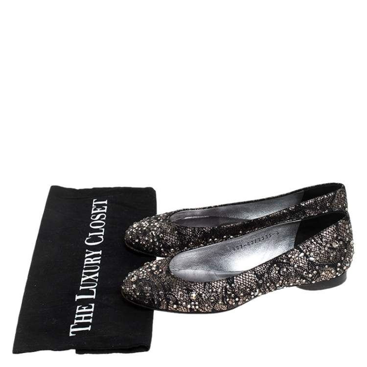Pre Owned Gina Black Lace Crystal Embellished Ballet Flats Size 36