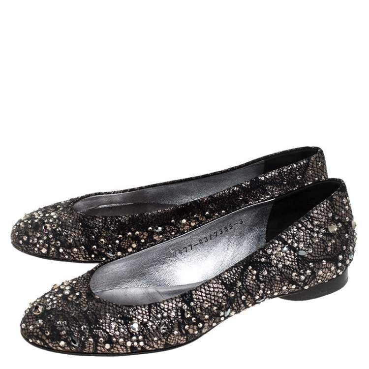 Pre Owned Gina Black Lace Crystal Embellished Ballet Flats Size 36