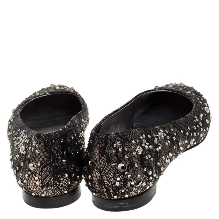 Pre Owned Gina Black Lace Crystal Embellished Ballet Flats Size 36