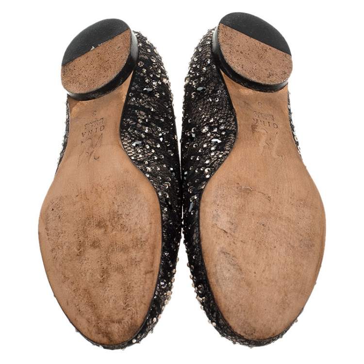 Pre Owned Gina Black Lace Crystal Embellished Ballet Flats Size 36
