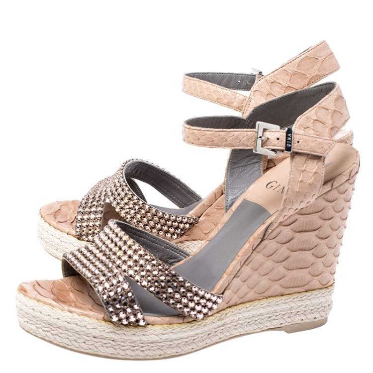 Pre Owned Gina Beige Python Leather Crystal Embellished Wedge Platform Sandals Size 38.5